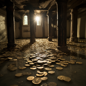 monedas bajo una losa de un techo hundido