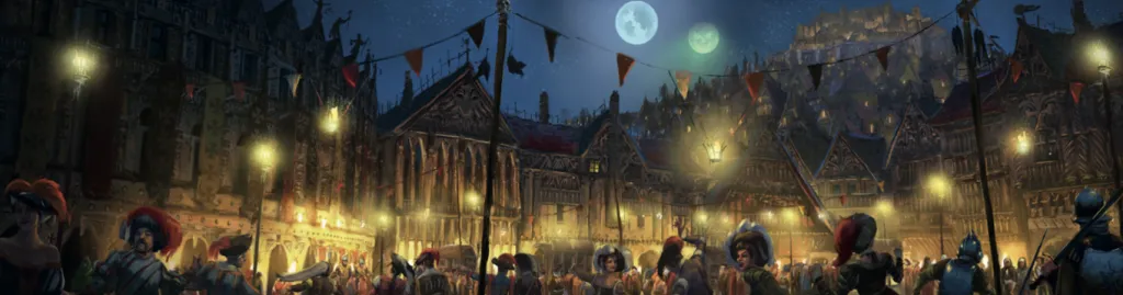 Plaza de la Ópera de Nuln con Morrslieb al fondo - Noches Agitadas y Días Difíciles